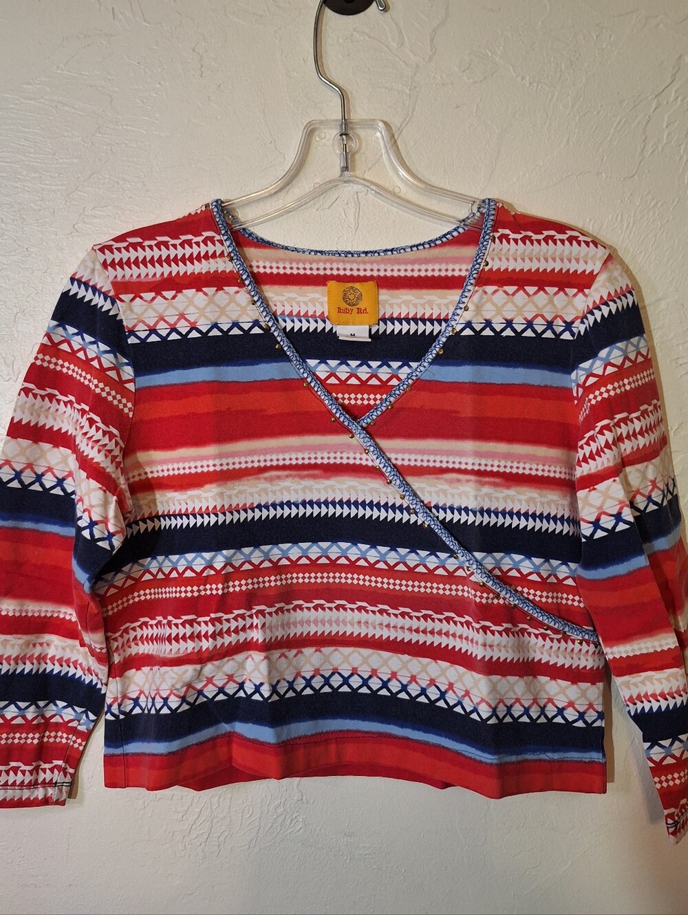 Ruby Rd. Red White Blue Faux Wrap  Cropped Striped Top Women's 10 Elbow Sleeves
